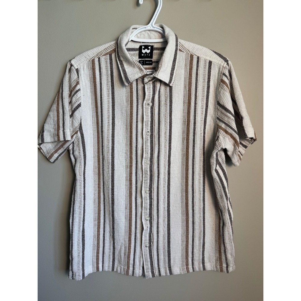 WXYZ Short Sleeve Striped Button Up Shirt Medium Boho Beach Woven Mens Resort